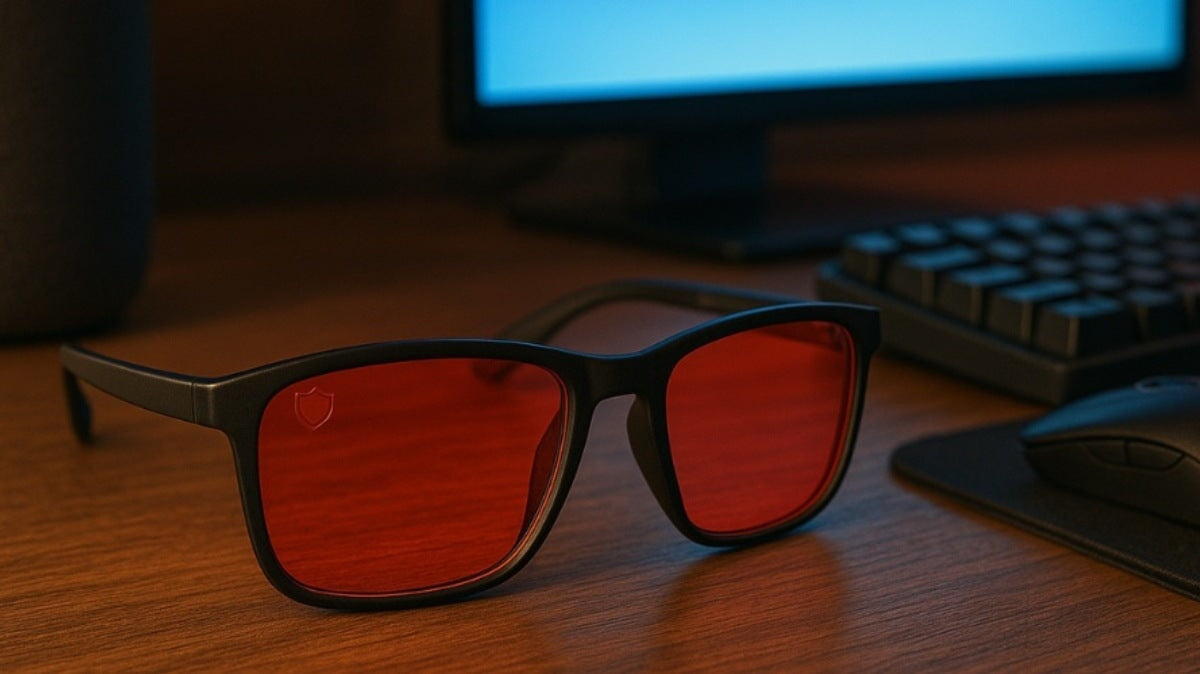 Lunettes à verres rouges posées devant un écran d’ordinateur.