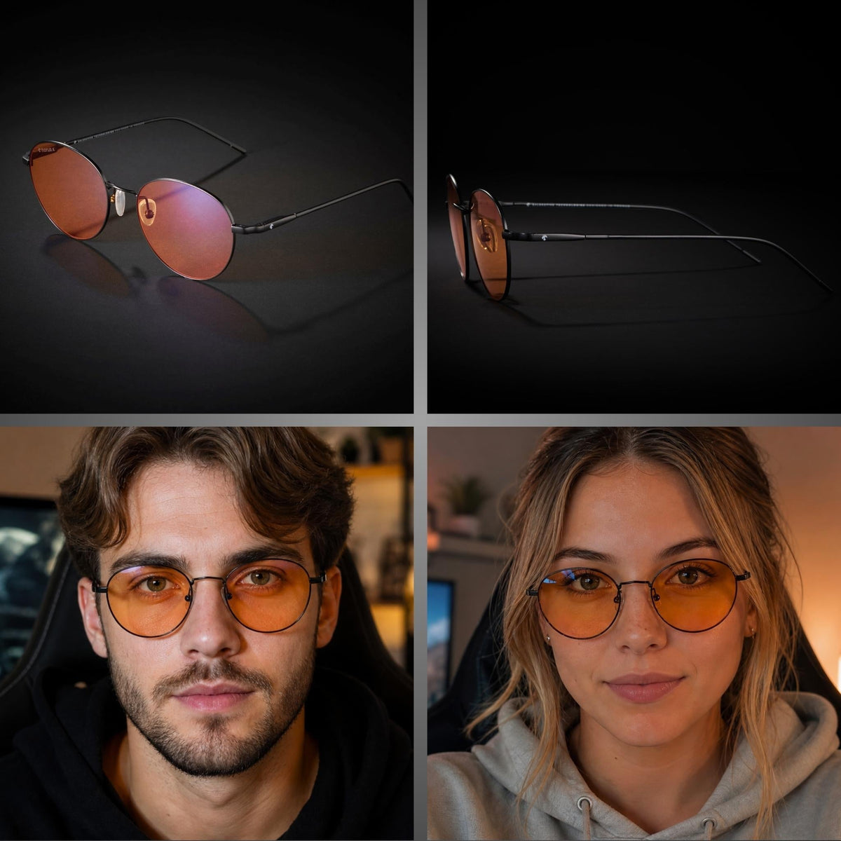 lunettes gaming Obsidian ambrée de 3/4, de profil et sur visage homme et femme
