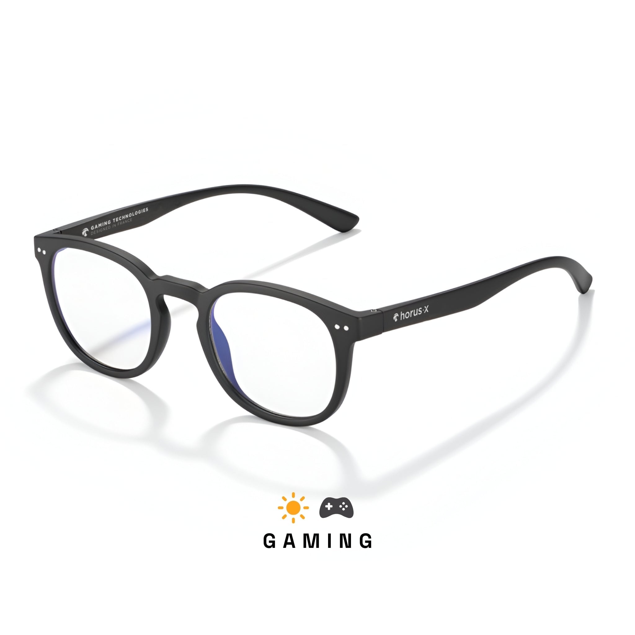 Lunettes gaming rondes noires verre clair sur fond blanc