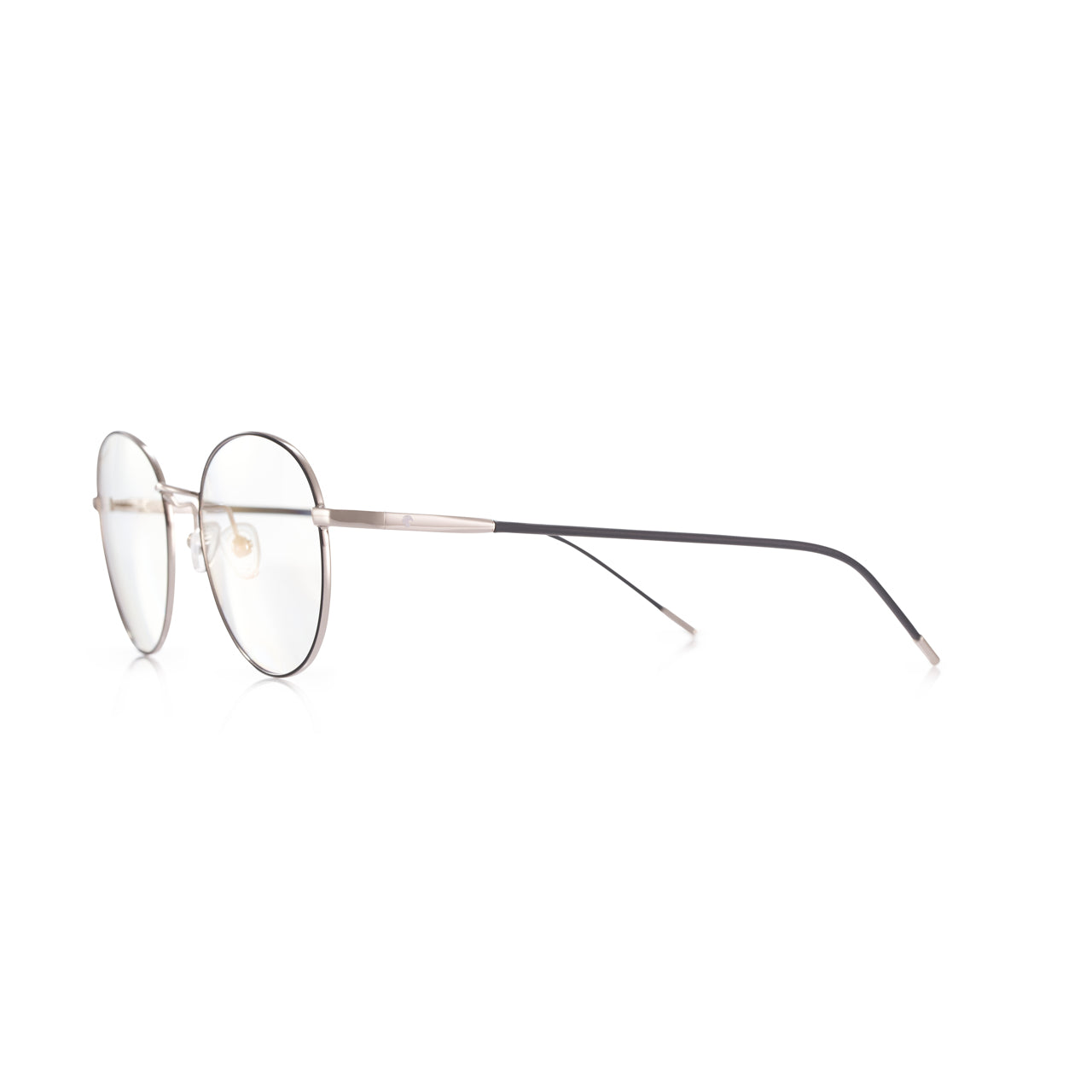 Lunettes anti lumière bleue rondes aux branches marrons, en métal argenté, de profil gauche sur fond blanc.
