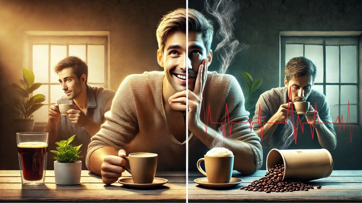 Personne buvant du café avec modération à gauche, en excès à droite, montrant les effets opposés