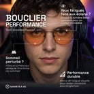 Young man wearing amber Obsidian gaming glasses under a headset. Product benefits in text: blocks blue light to relieve tired eyes and for better sleep.