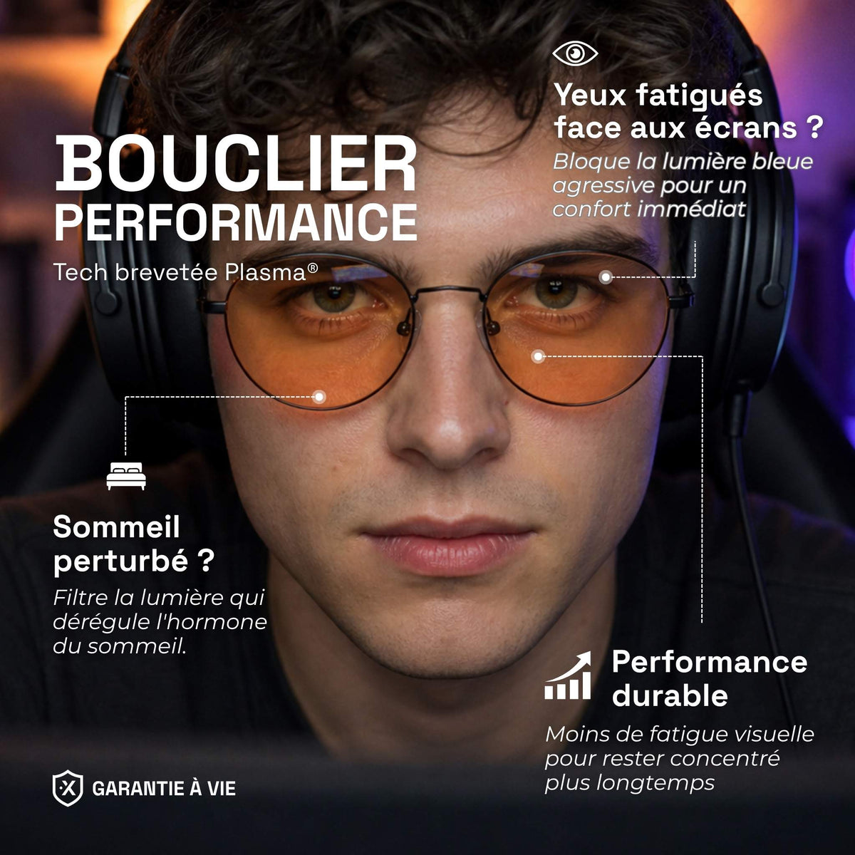 Young man wearing amber Obsidian gaming glasses under a headset. Product benefits in text: blocks blue light to relieve tired eyes and for better sleep.
