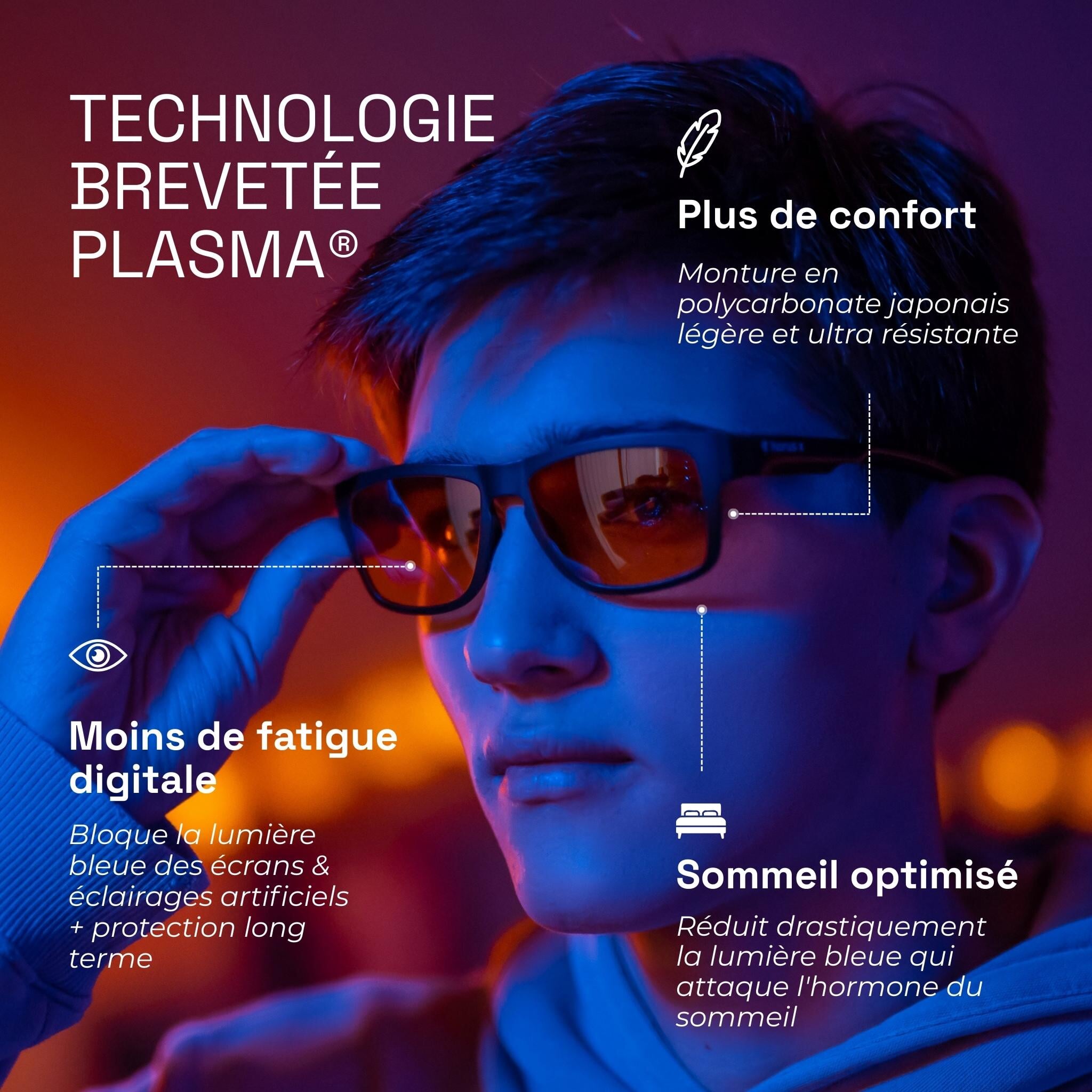 Adolescent portant les lunettes gaming hope avec filtre orange sur fond gaming multicolore et description technique texte