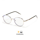 Lunettes anti lumière bleue rondes en métal doré, branches marrons, sur fond blanc