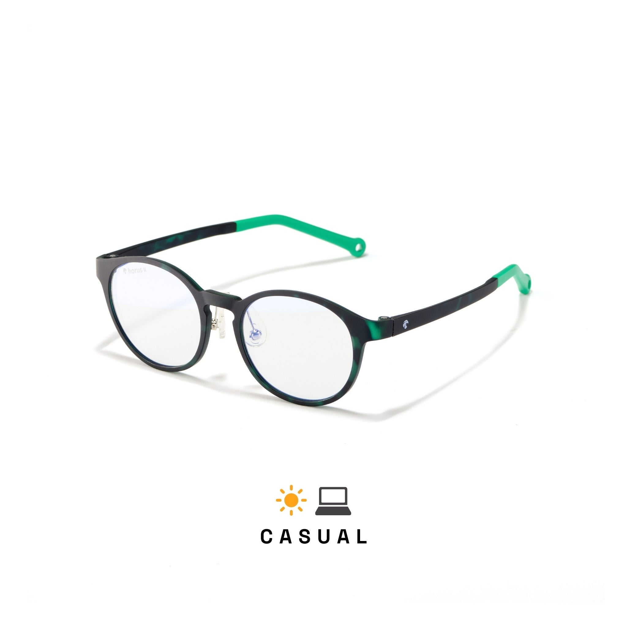 Lunettes anti lumière bleue pour enfant rondes tortoise vert avec verre transparent sur fond blanc de 3/4