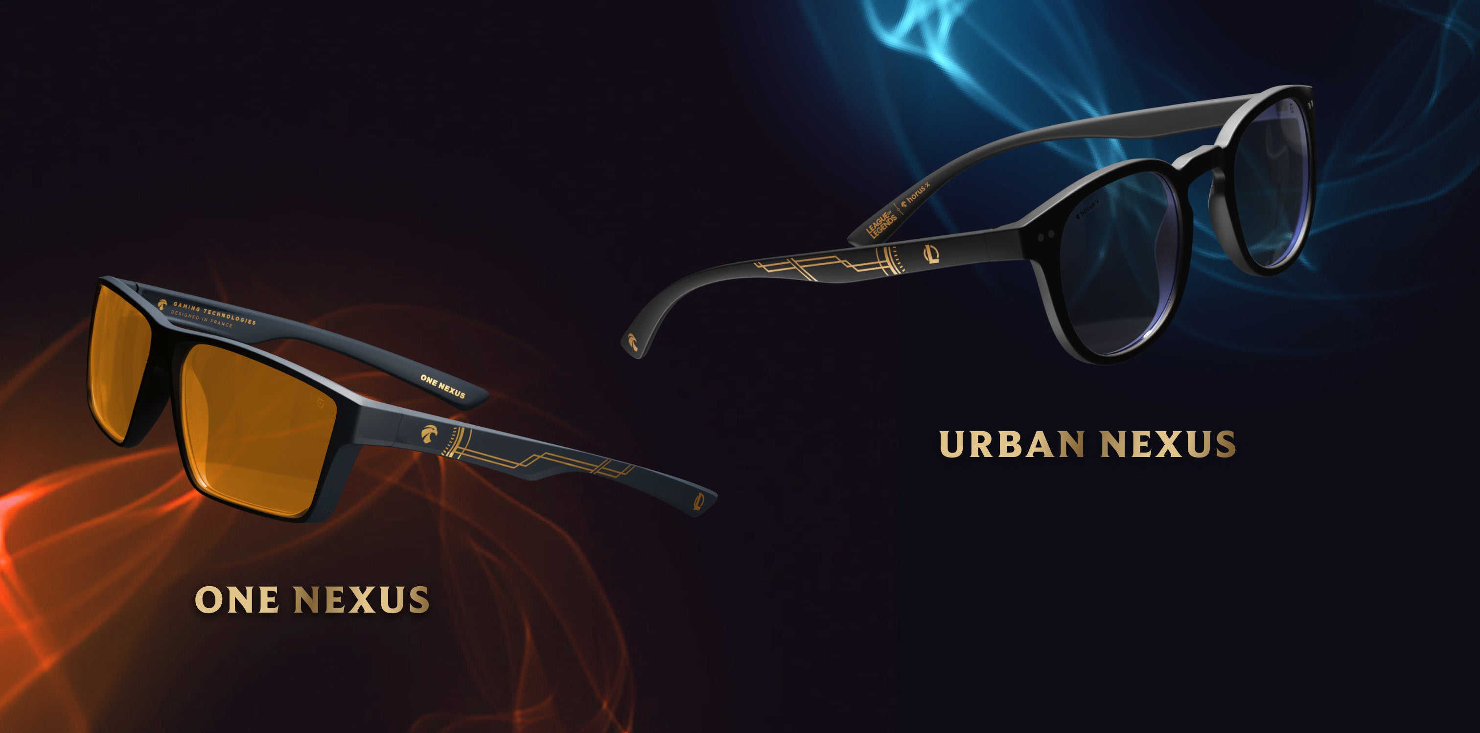 visuel montrant les deux paires de lunettes anti lumière bleue gaming de la marque horus x au design league of legends